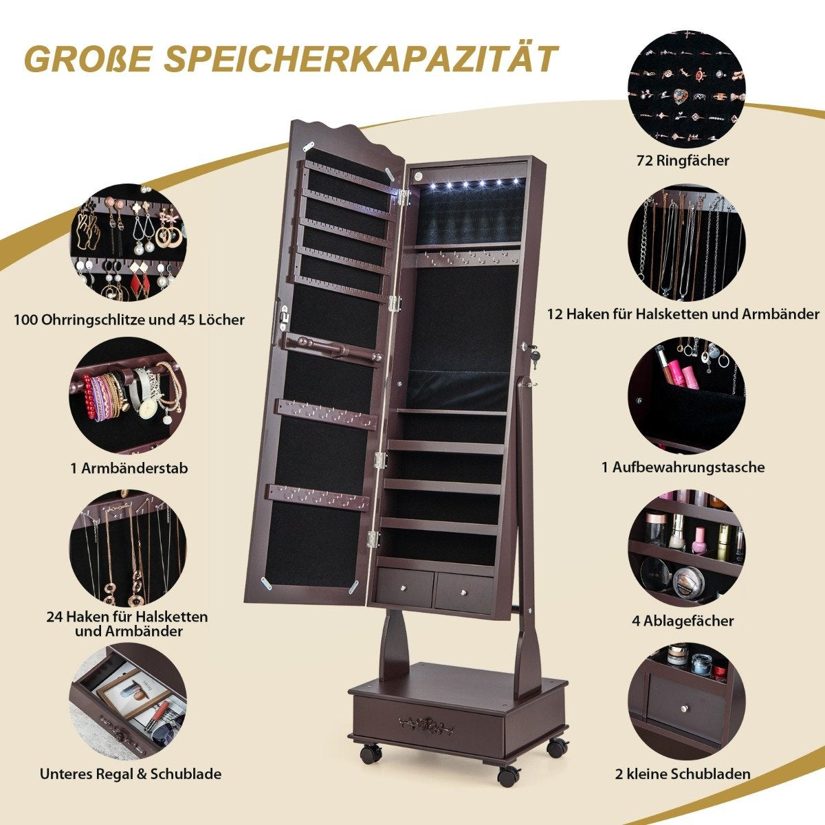 Jewelry cabinet mirror cabinet with full-length mirror & drawers & LED brown