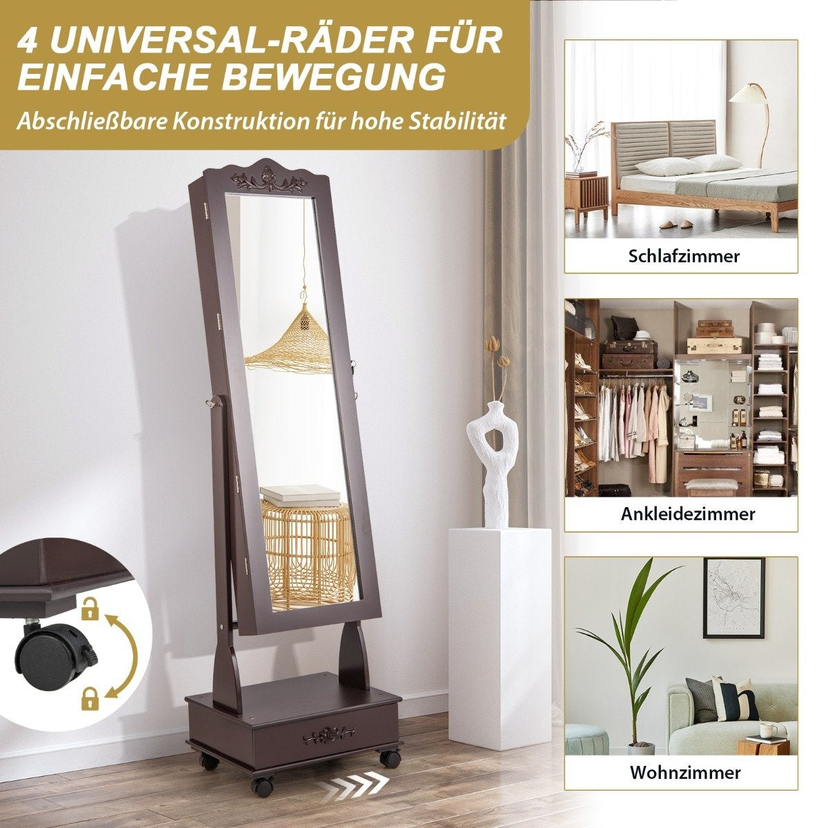 Jewelry cabinet mirror cabinet with full-length mirror & drawers & LED brown