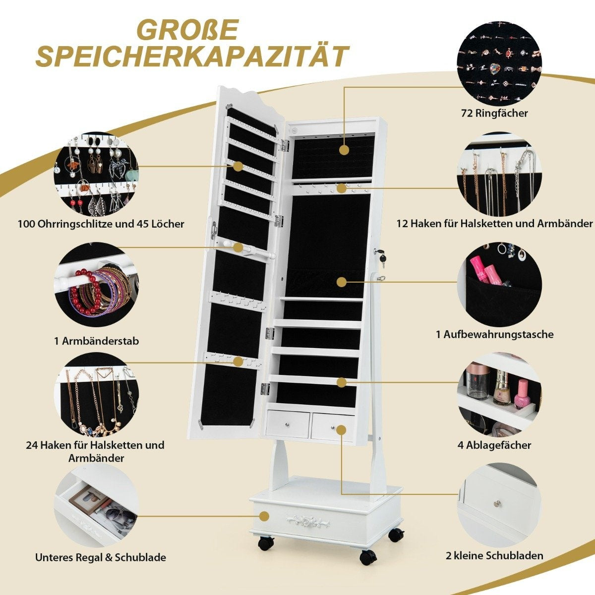 Jewelry cabinet mirror cabinet with full-length mirror & drawers & LED white