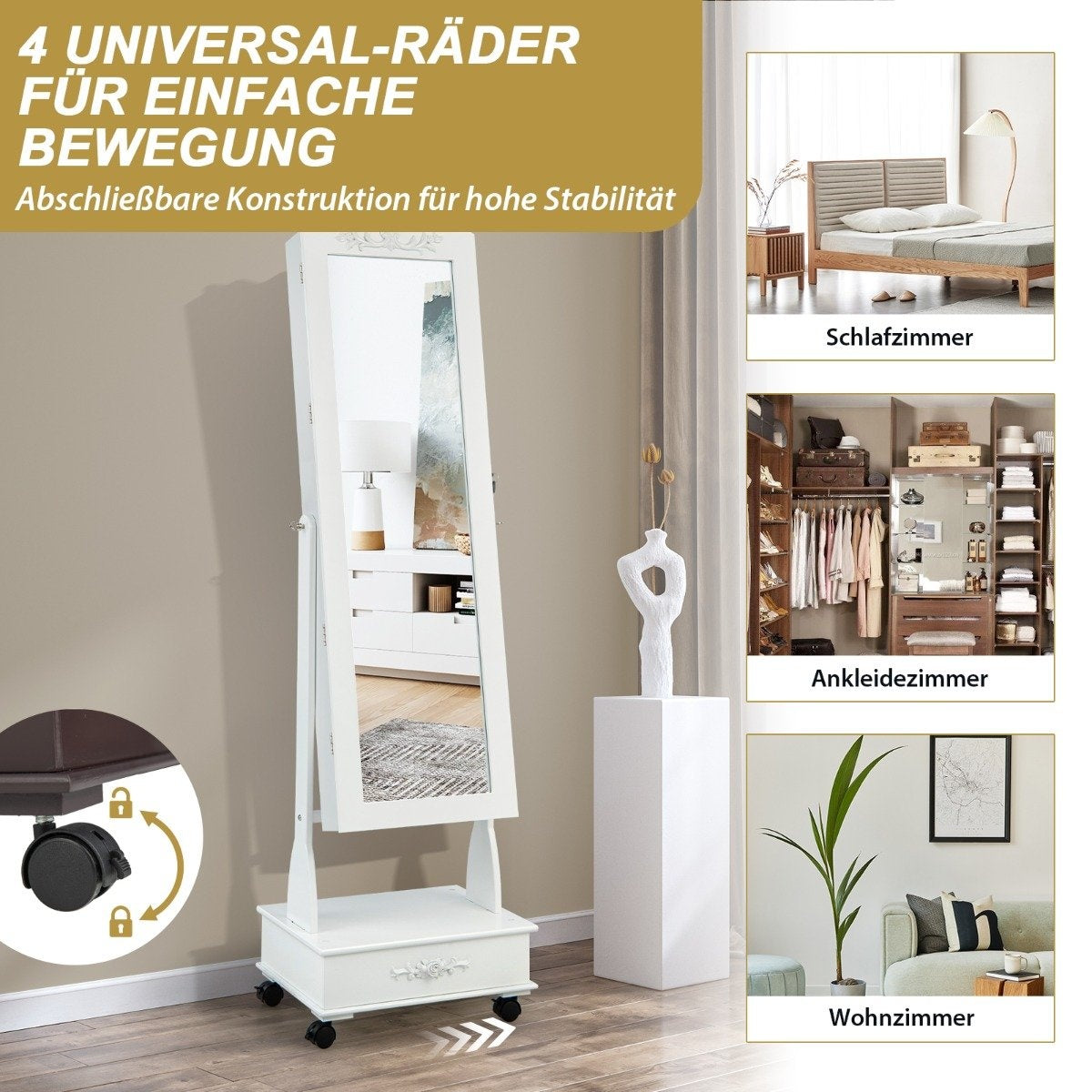 Jewelry cabinet mirror cabinet with full-length mirror & drawers & LED white