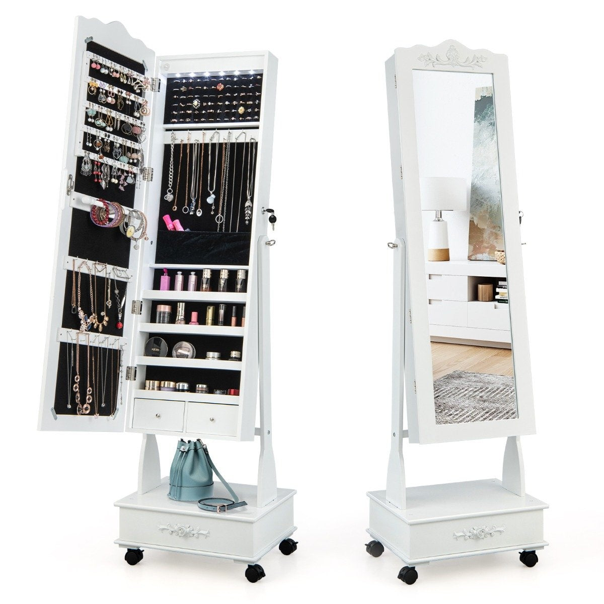 Jewelry cabinet mirror cabinet with full-length mirror & drawers & LED white