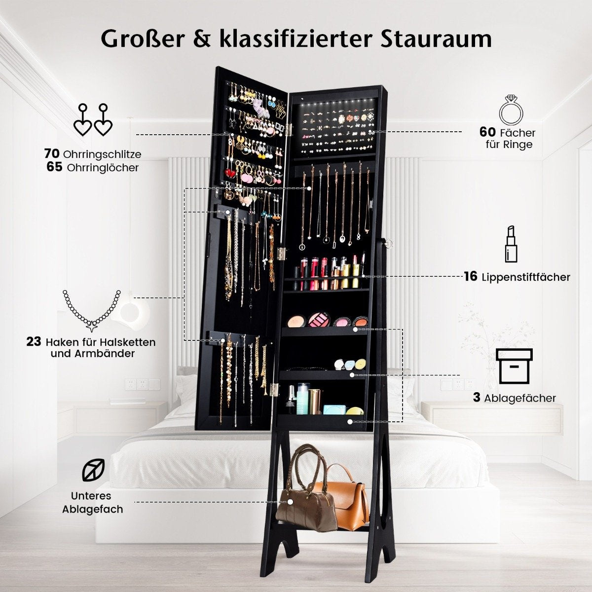 Jewelry cabinet standing mirror 2 in 1 full-length mirror with 12 LEDs 36 x 33.5 x 154.5 cm black