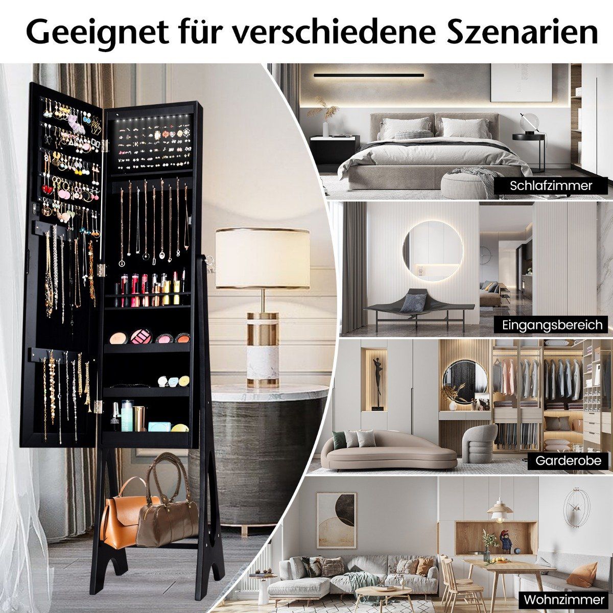 Jewelry cabinet standing mirror 2 in 1 full-length mirror with 12 LEDs 36 x 33.5 x 154.5 cm black