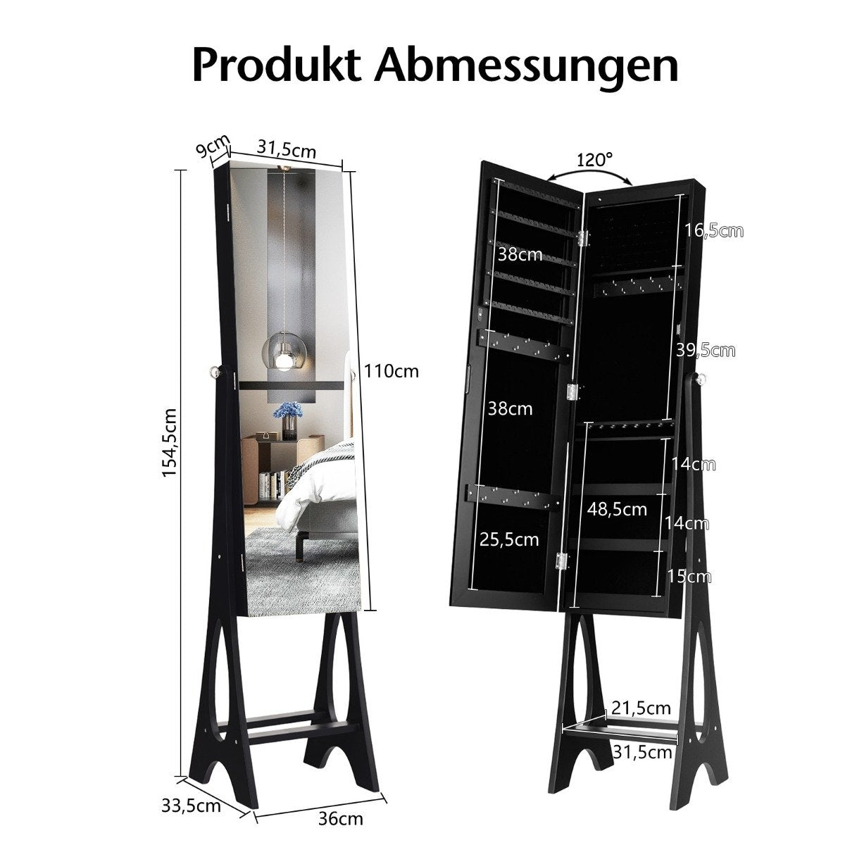 Jewelry cabinet standing mirror 2 in 1 full-length mirror with 12 LEDs 36 x 33.5 x 154.5 cm black