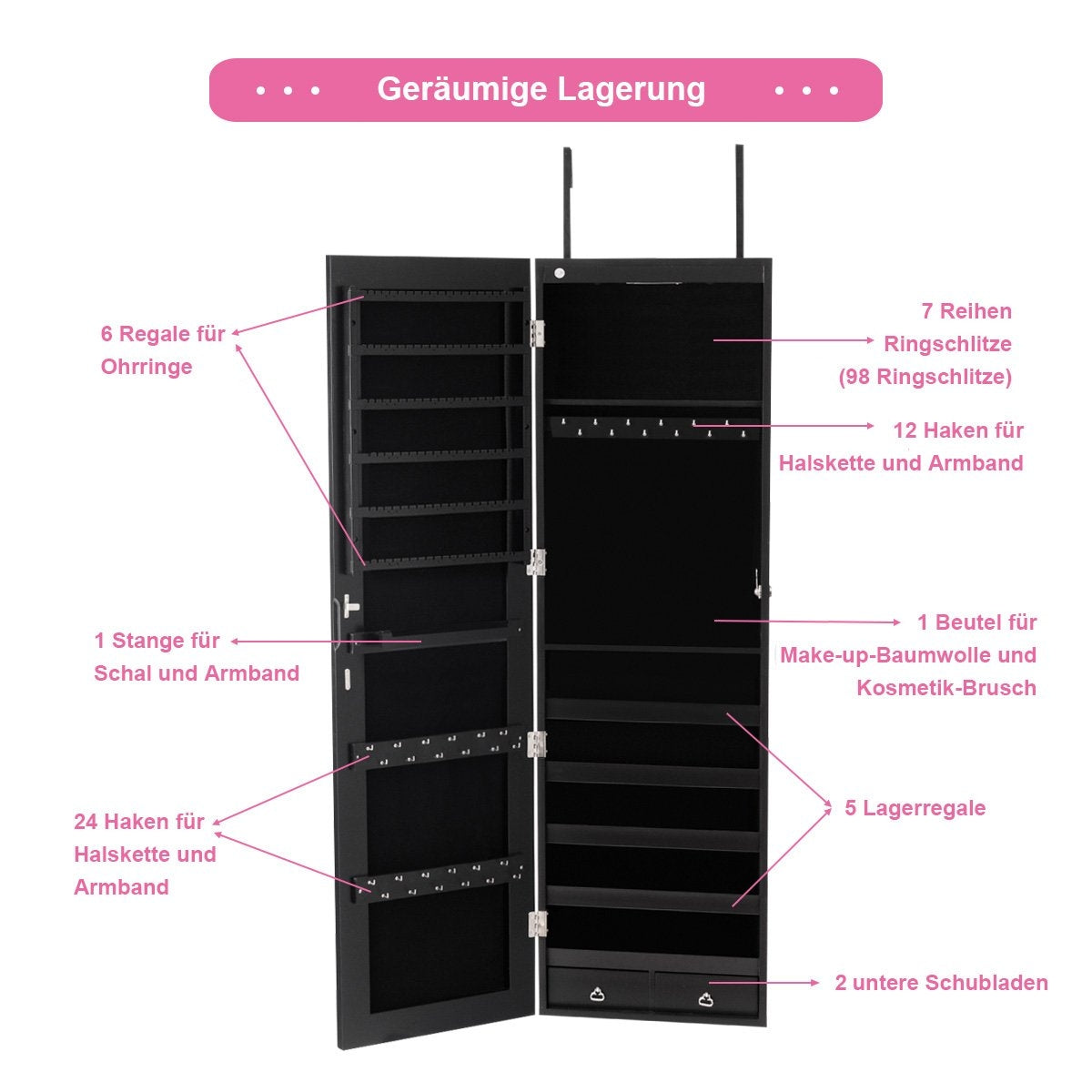 Jewelry cabinet wall mirror with LED lighting mirror cabinet 120 x 35.5 x 10 cm black/white-black