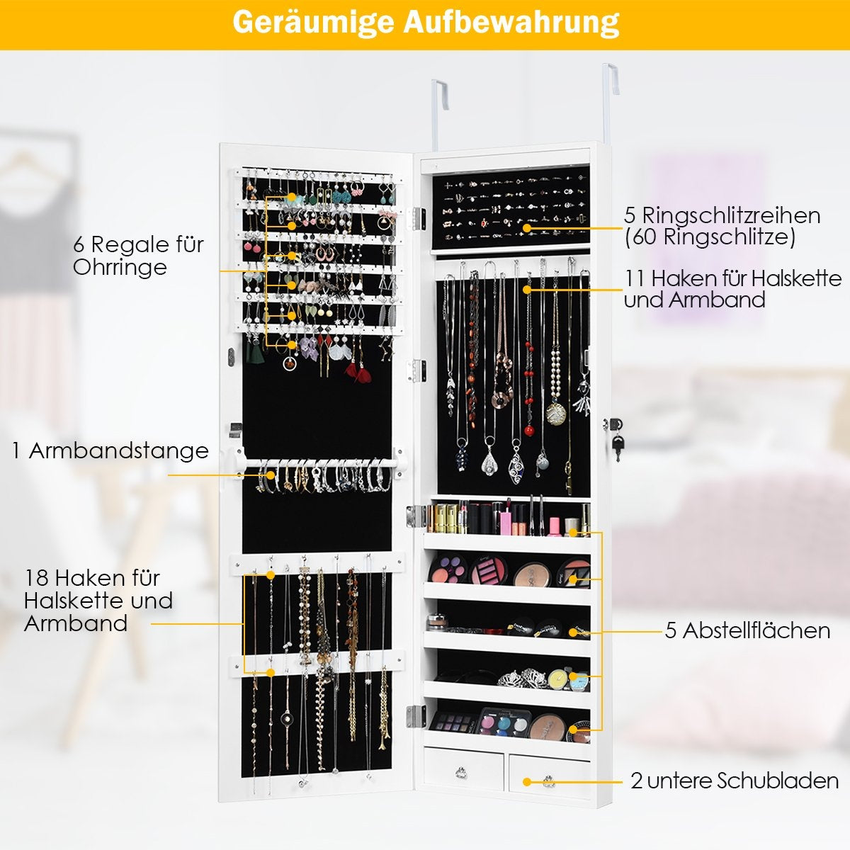 Jewelry cabinet with 15 LED jewelry shelf jewelry organizer 37 x 8.5 x 120 cm white
