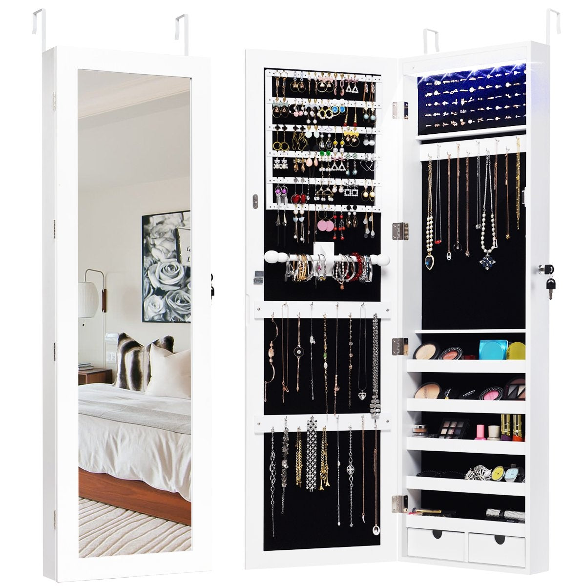 Jewelry cabinet with 15 LED lights & full-length mirror & door/wall mounting white