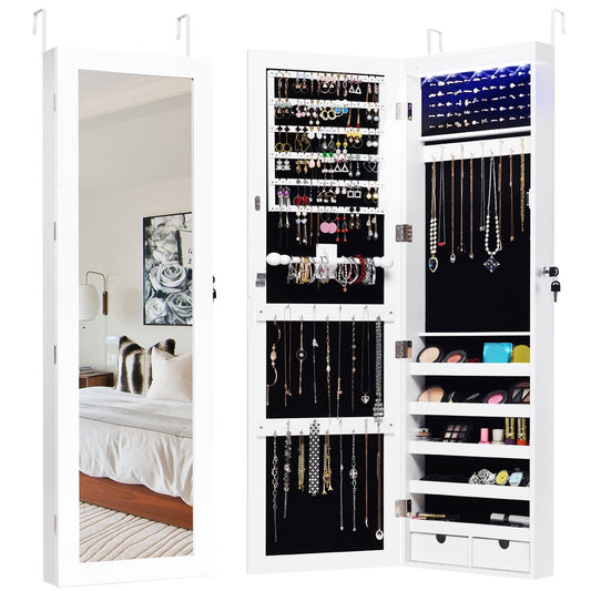 Jewelry cabinet with 15 LED lights & full-length mirror & door/wall mounting white