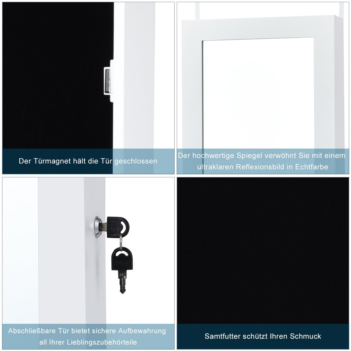 Jewelry cabinet with 15 LED lights & full-length mirror & door/wall mounting white