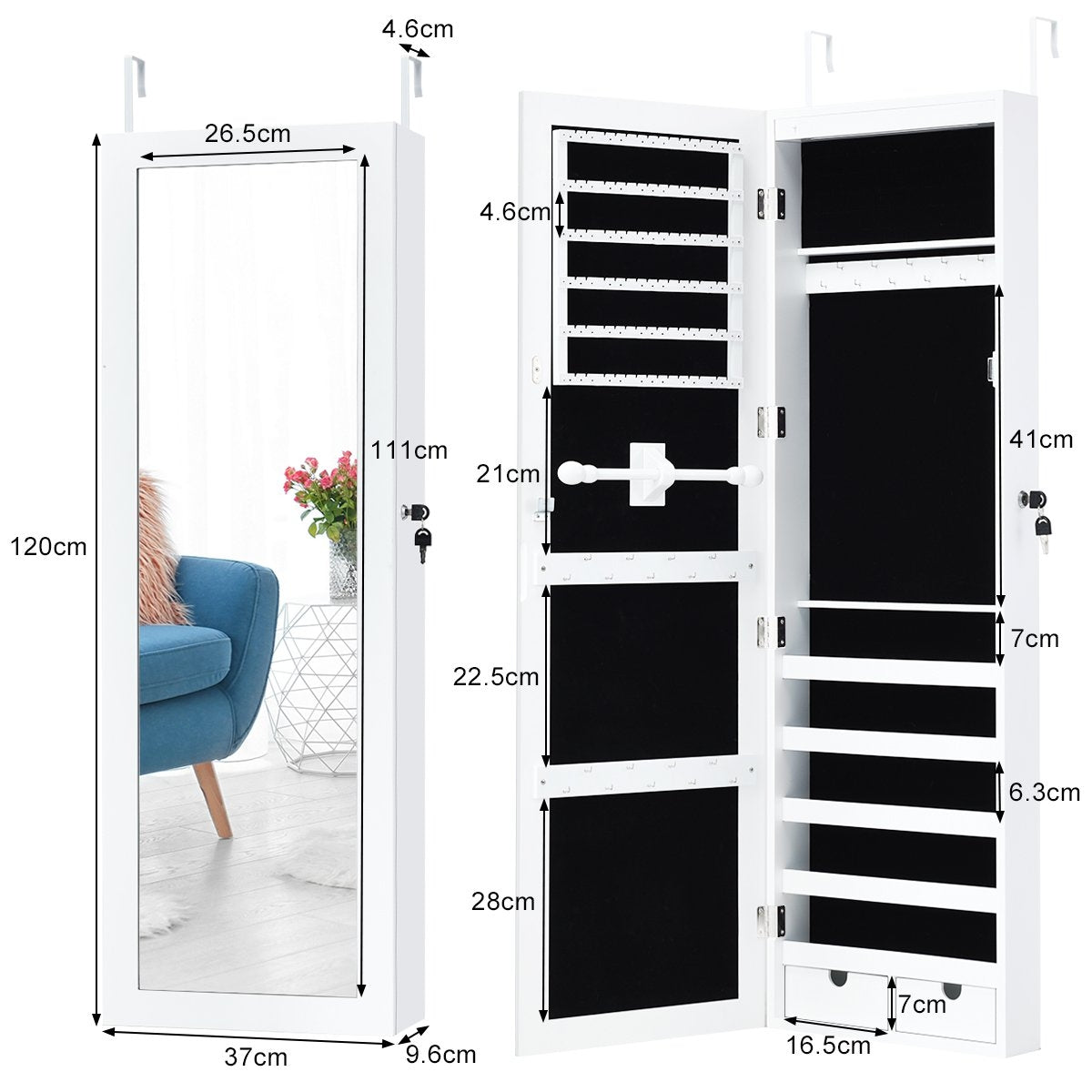 Jewelry cabinet with 15 LED lights & full-length mirror & door/wall mounting white