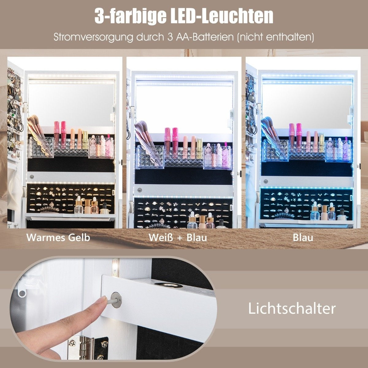 Jewelry cabinet with 3 mirrors & drawer & wheels & lights jewelry mirror white