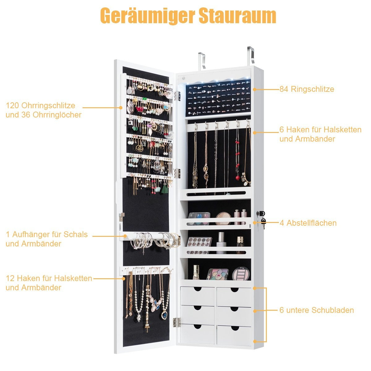 Jewelry cabinet with LED Lockable wall/door jewelry cabinet with mirror & 6 drawers white