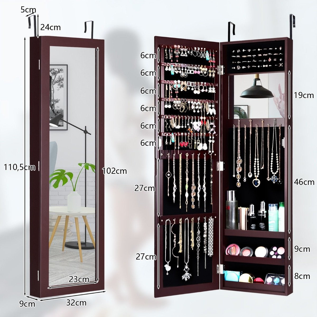Jewelry cabinet with full-length mirror and built-in brown makeup mirror