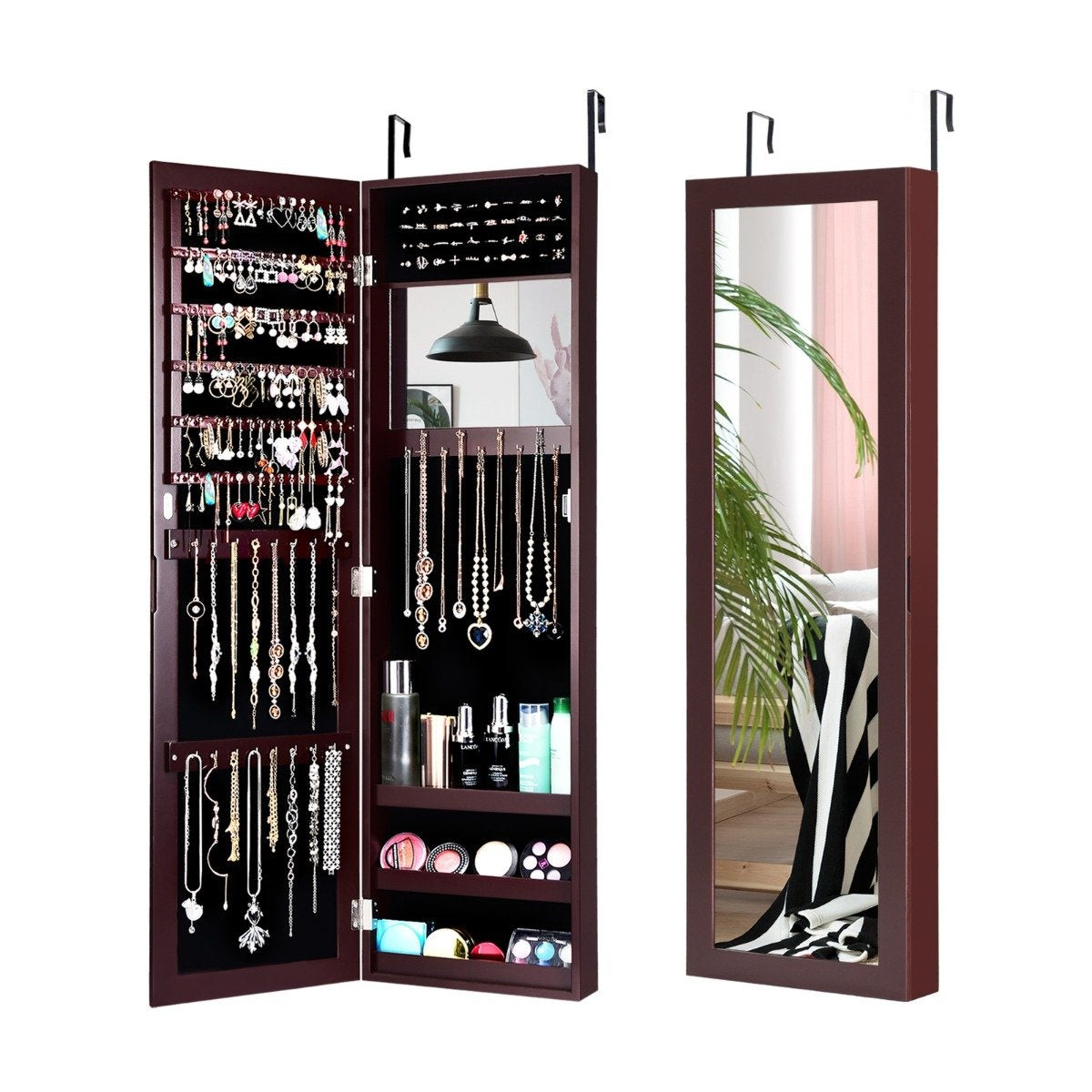 Jewelry cabinet with full-length mirror and built-in brown makeup mirror