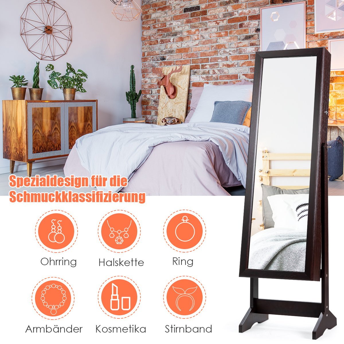 Jewelry cabinet with full-length mirror, freestanding jewelry stand, 41 x 36.5 x 146 cm, brown