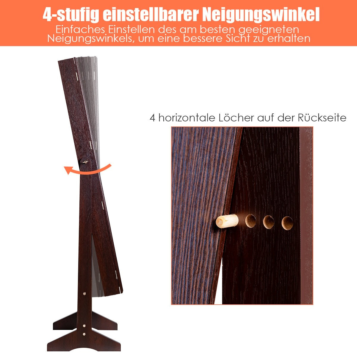 Jewelry cabinet with full-length mirror, freestanding jewelry stand, 41 x 36.5 x 146 cm, brown