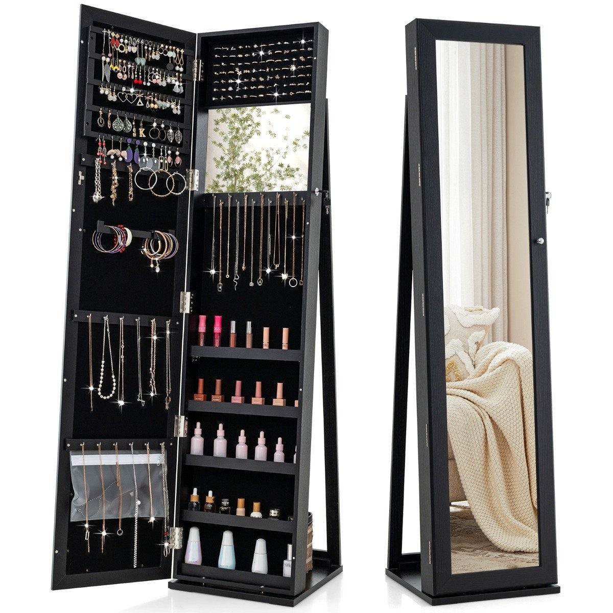Jewelry cabinet with full-length mirror & integrated make-up mirror mirror cabinet black