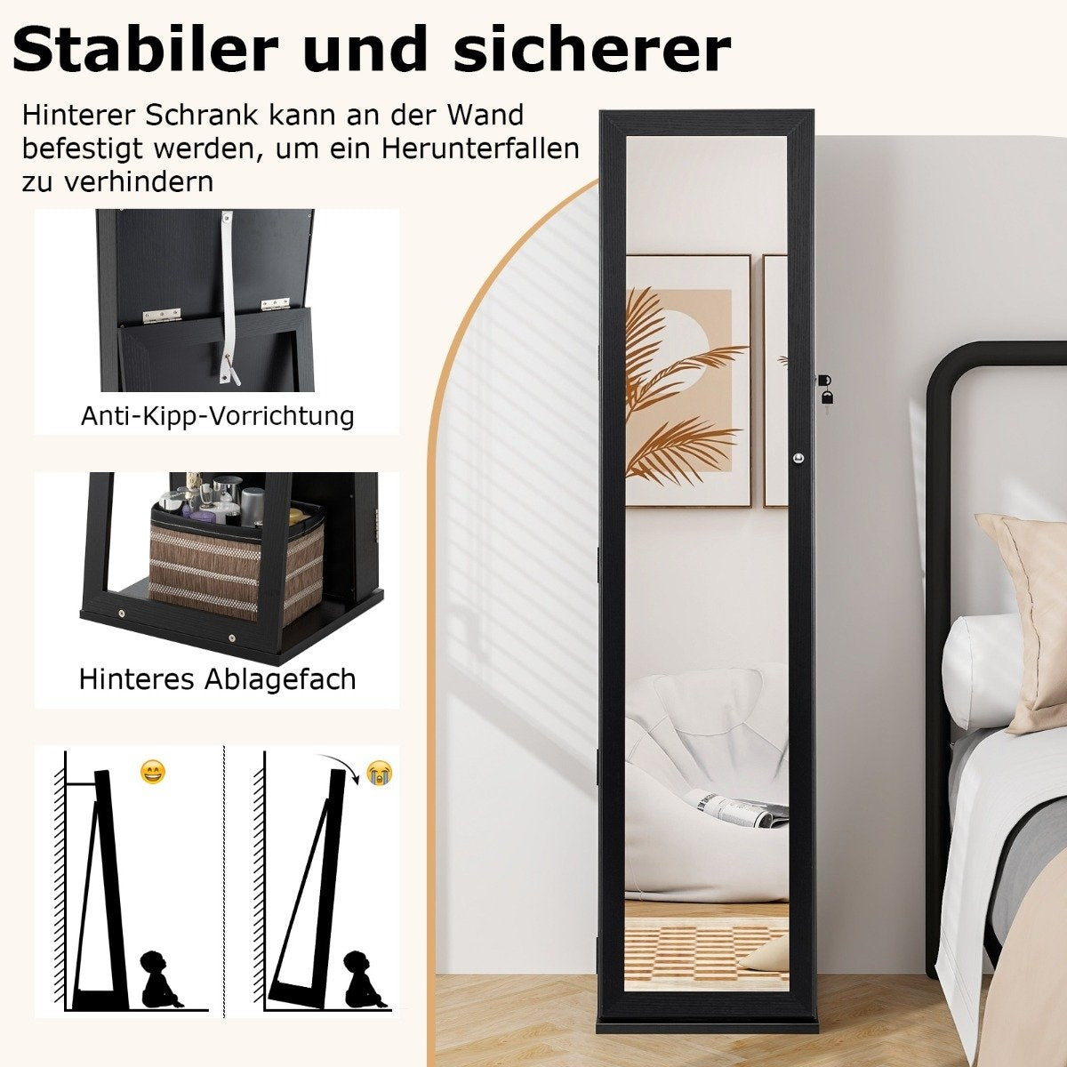 Jewelry cabinet with full-length mirror & integrated make-up mirror mirror cabinet black