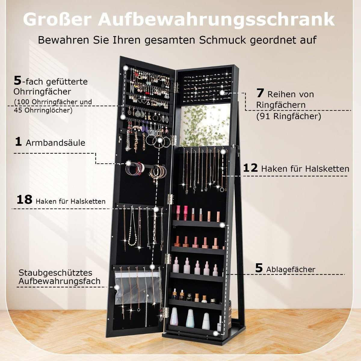 Jewelry cabinet with full-length mirror & integrated make-up mirror mirror cabinet black