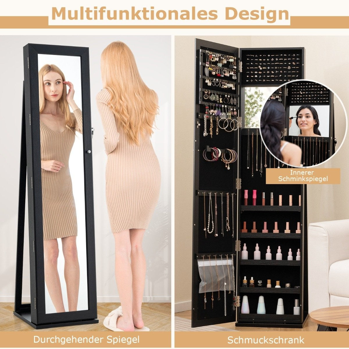 Jewelry cabinet with full-length mirror & integrated make-up mirror mirror cabinet black