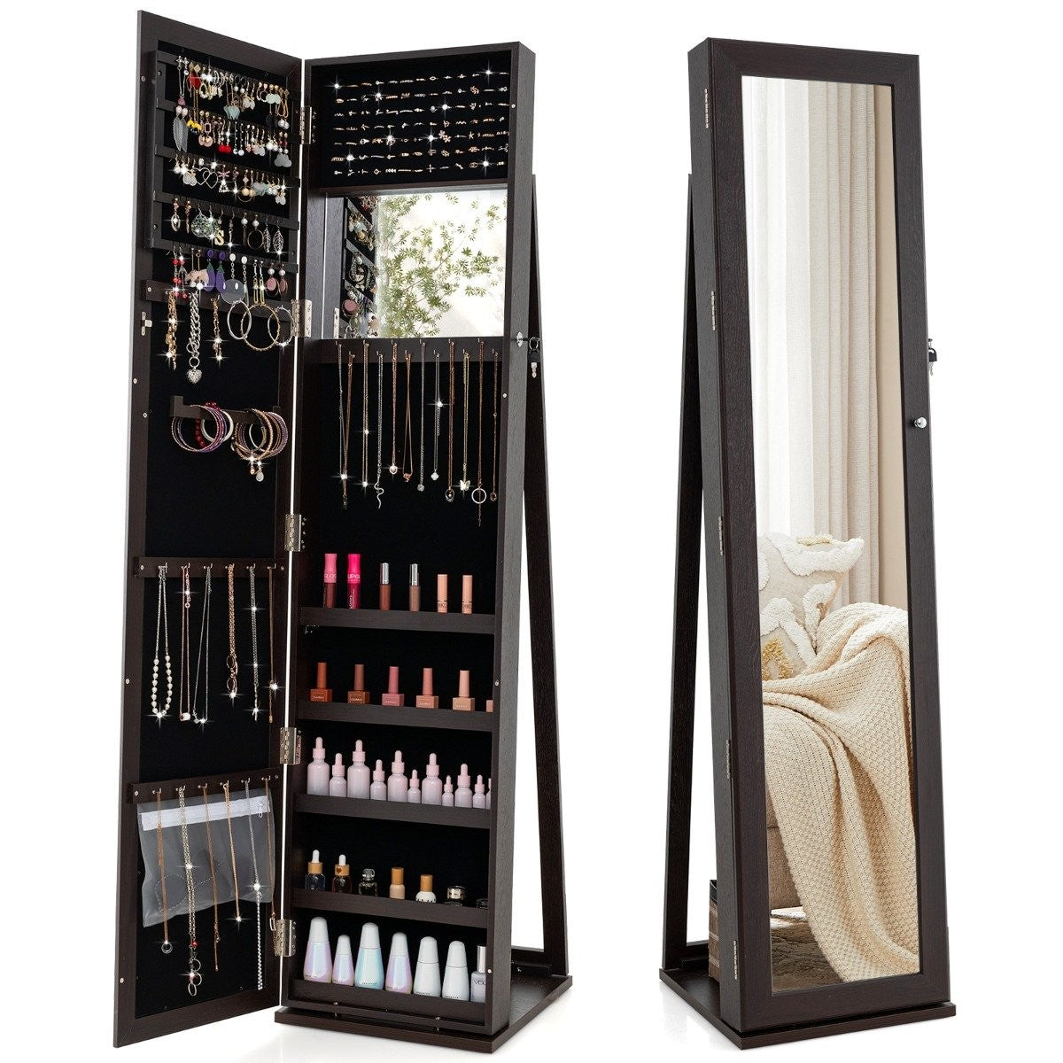 Jewelry cabinet with full-length mirror & integrated make-up mirror mirror cabinet dark coffee