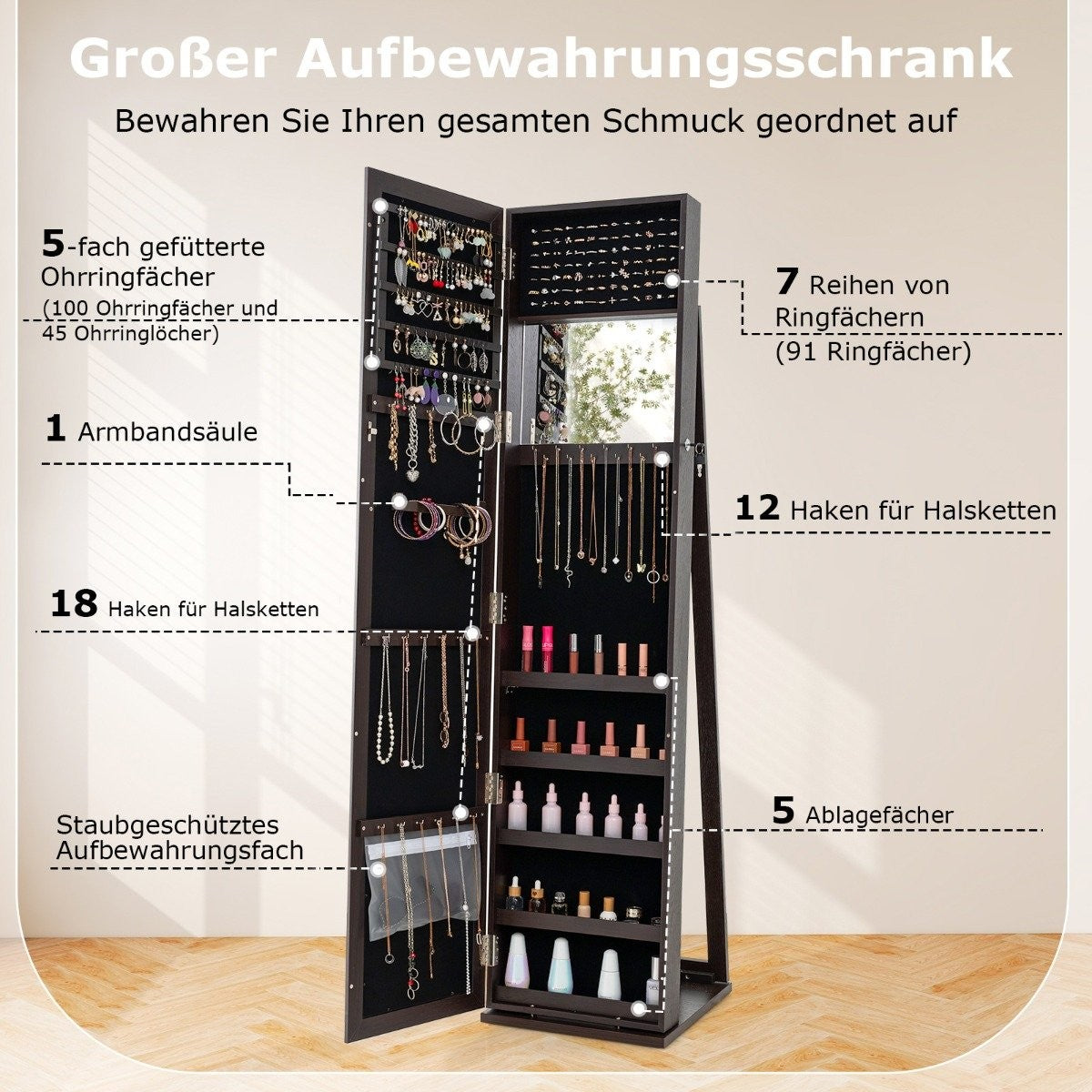 Jewelry cabinet with full-length mirror & integrated make-up mirror mirror cabinet dark coffee