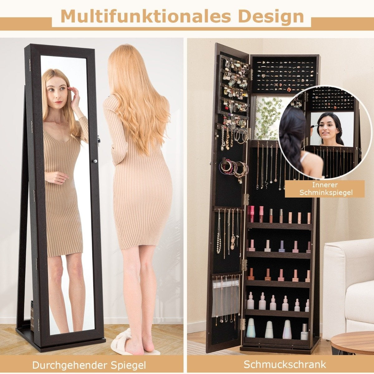 Jewelry cabinet with full-length mirror & integrated make-up mirror mirror cabinet dark coffee