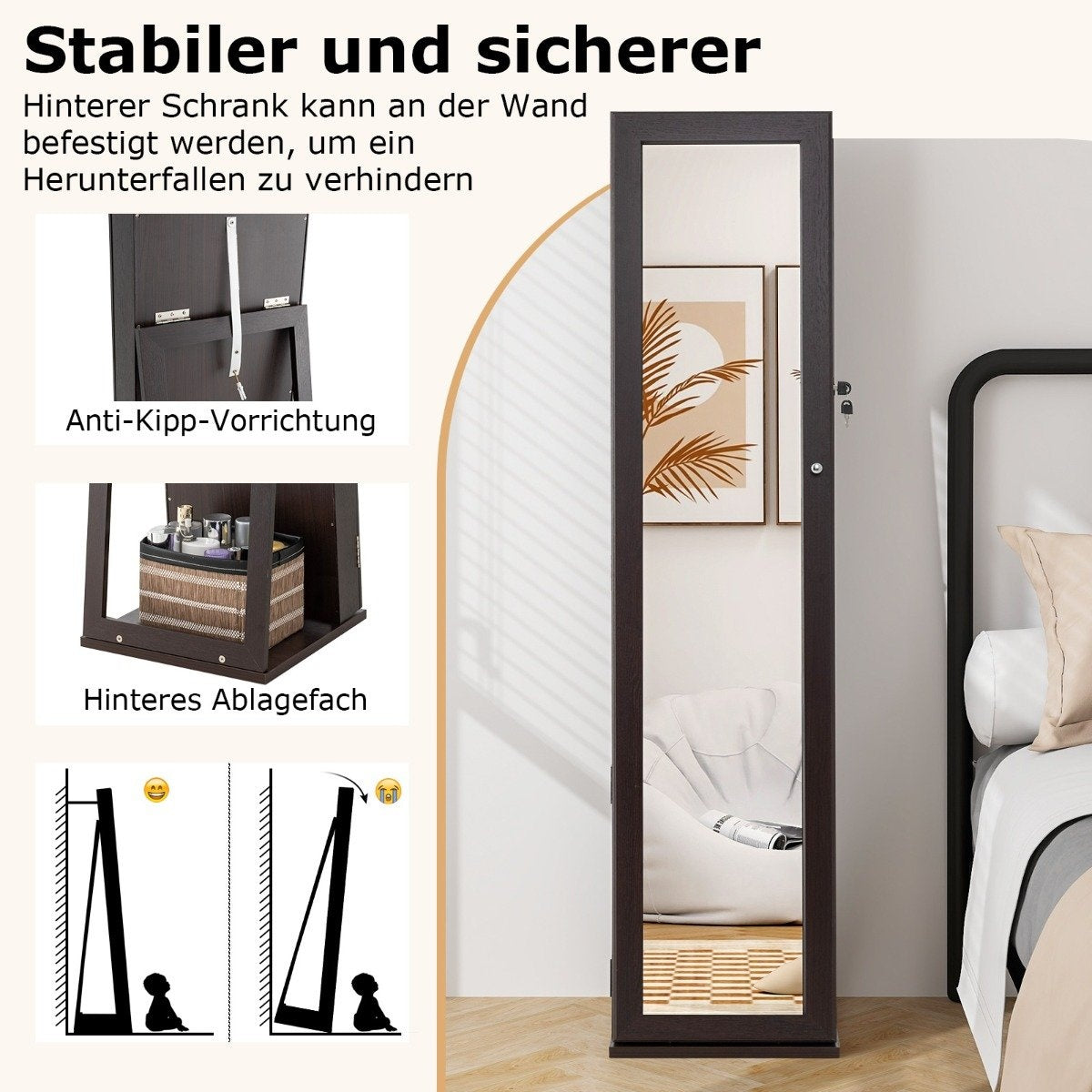 Jewelry cabinet with full-length mirror & integrated make-up mirror mirror cabinet dark coffee
