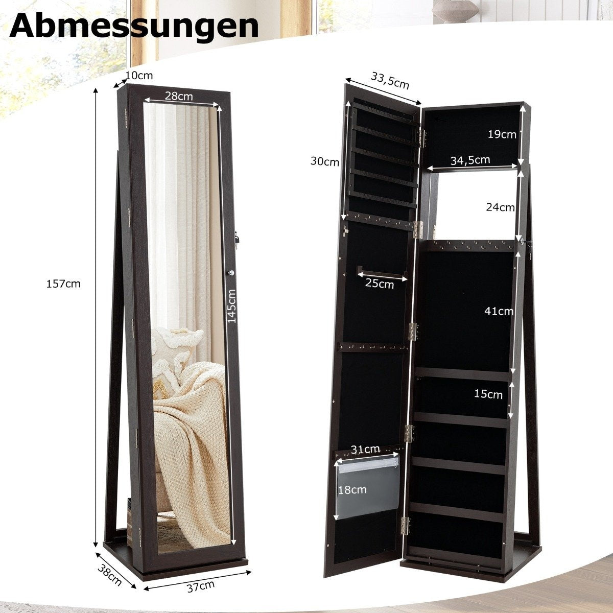 Jewelry cabinet with full-length mirror & integrated make-up mirror mirror cabinet dark coffee