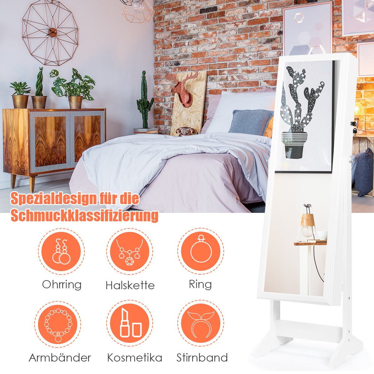 Jewelry cabinet with full-length mirror jewelry stand 41 x 36.5 x 146 cm white