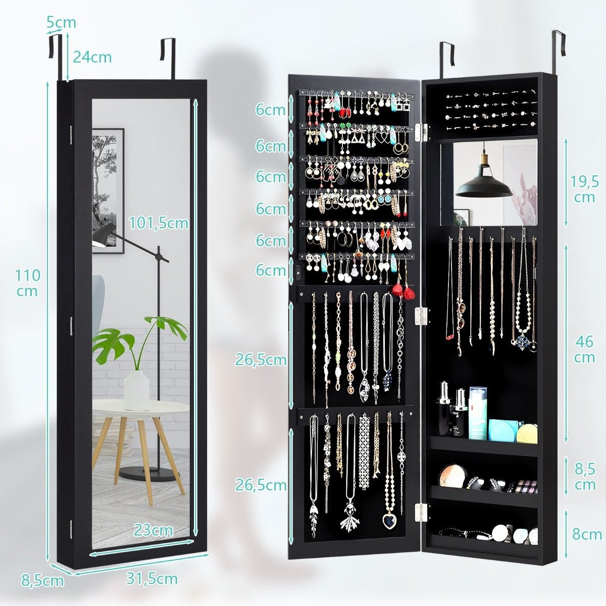 Jewelry cabinet with full-length mirror mirror cabinet 31.5 x 8.5 x 110 cm black