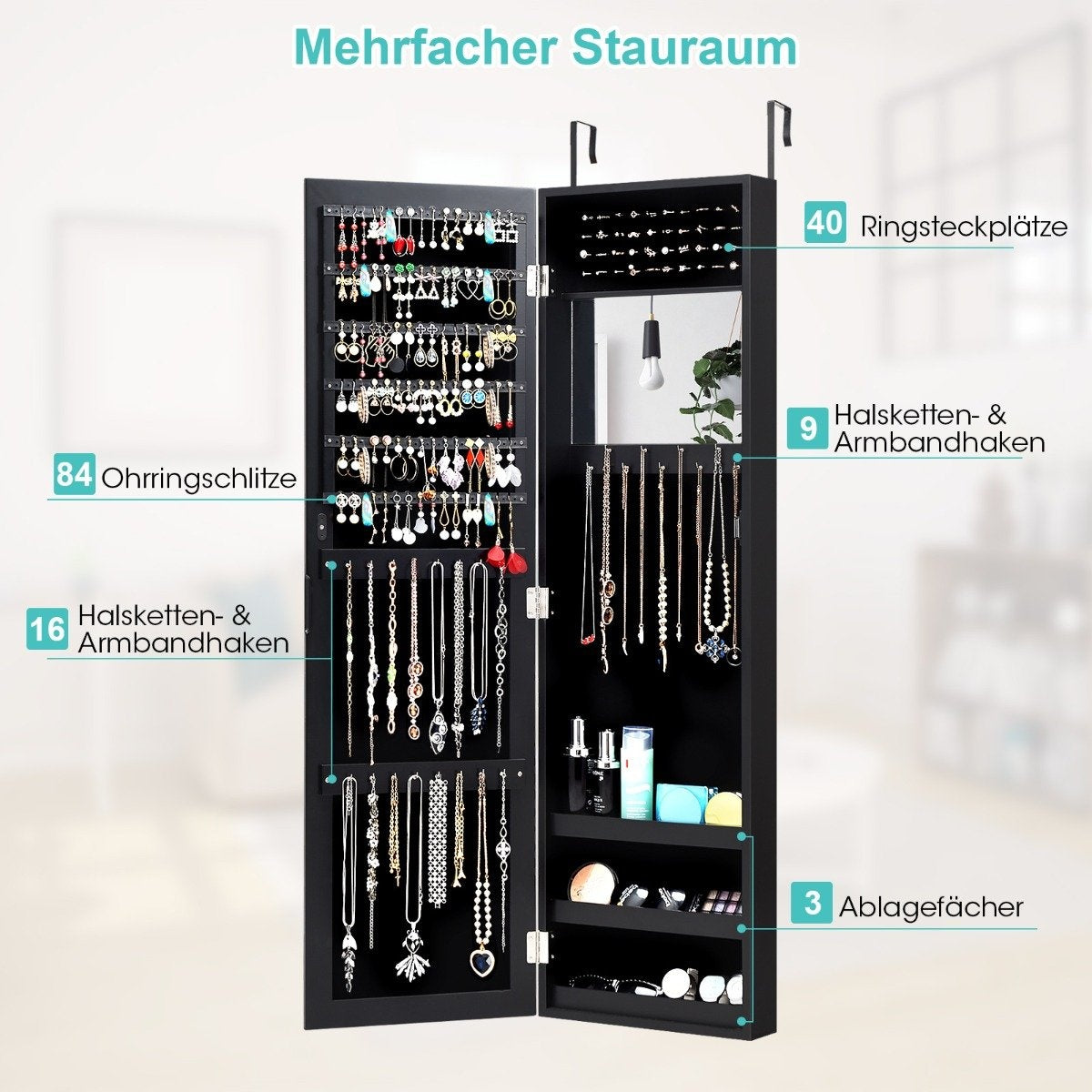 Jewelry cabinet with full-length mirror mirror cabinet 31.5 x 8.5 x 110 cm black