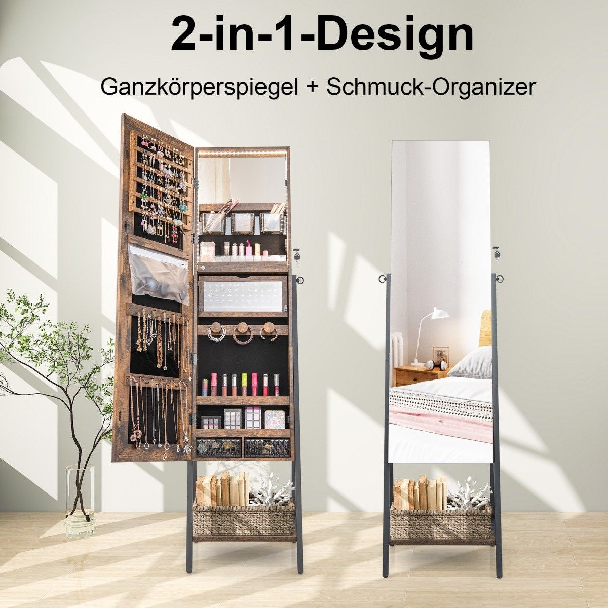 Jewelry cabinet with mirror & 3-color LED lighting 41.5 x 37 x 157 cm Rustic brown