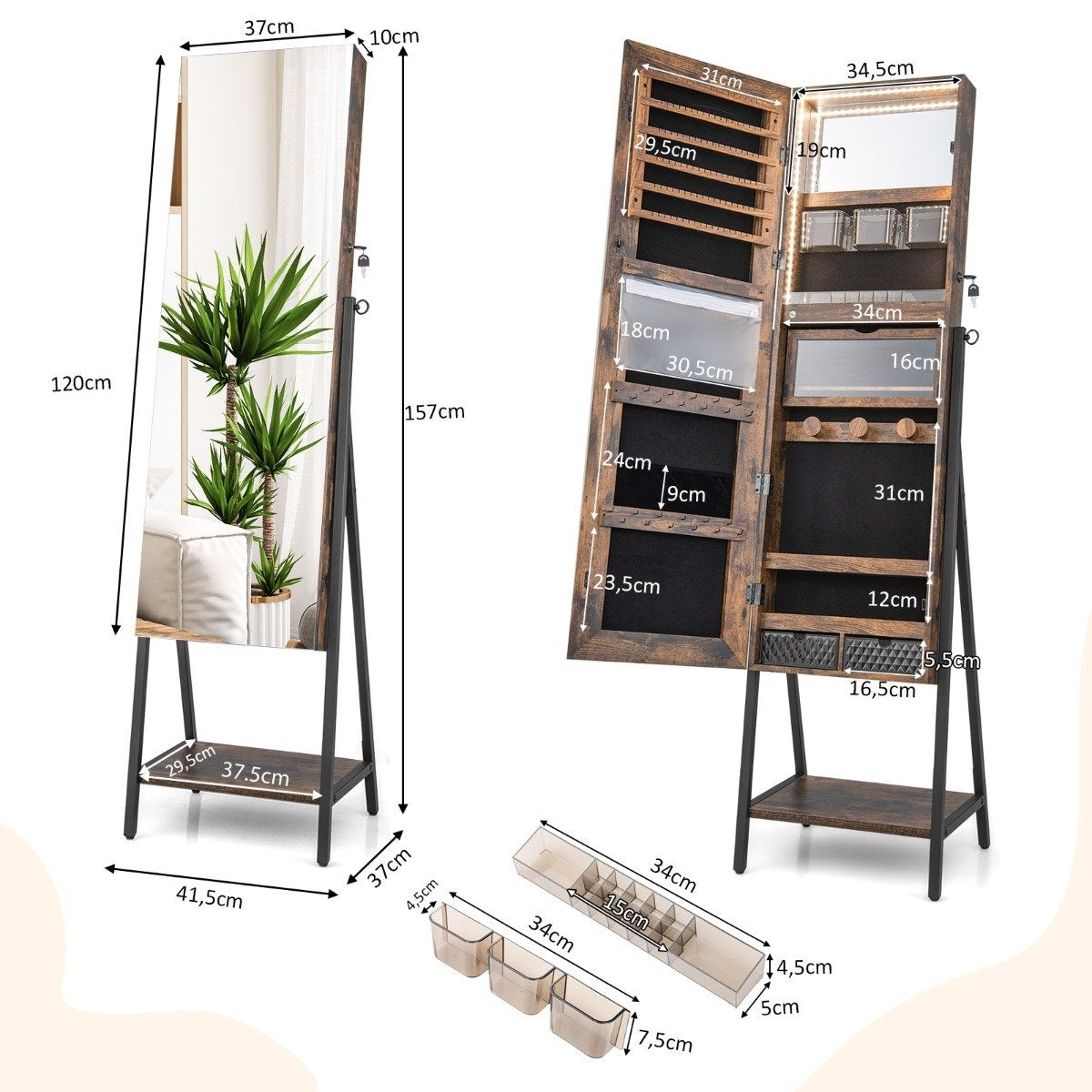 Jewelry cabinet with mirror & 3-color LED lighting 41.5 x 37 x 157 cm Rustic brown
