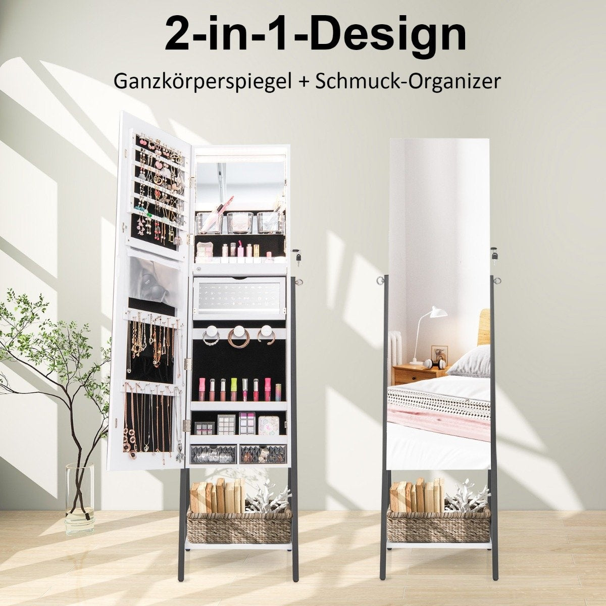 Jewelry cabinet with mirror & 3-color LED lighting 41.5 x 37 x 157 cm white