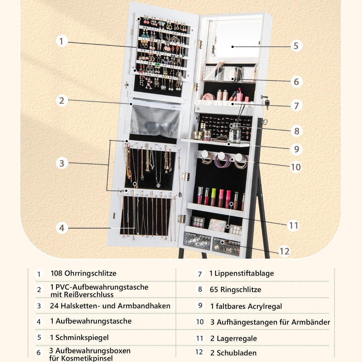 Jewelry cabinet with mirror & 3-color LED lighting 41.5 x 37 x 157 cm white