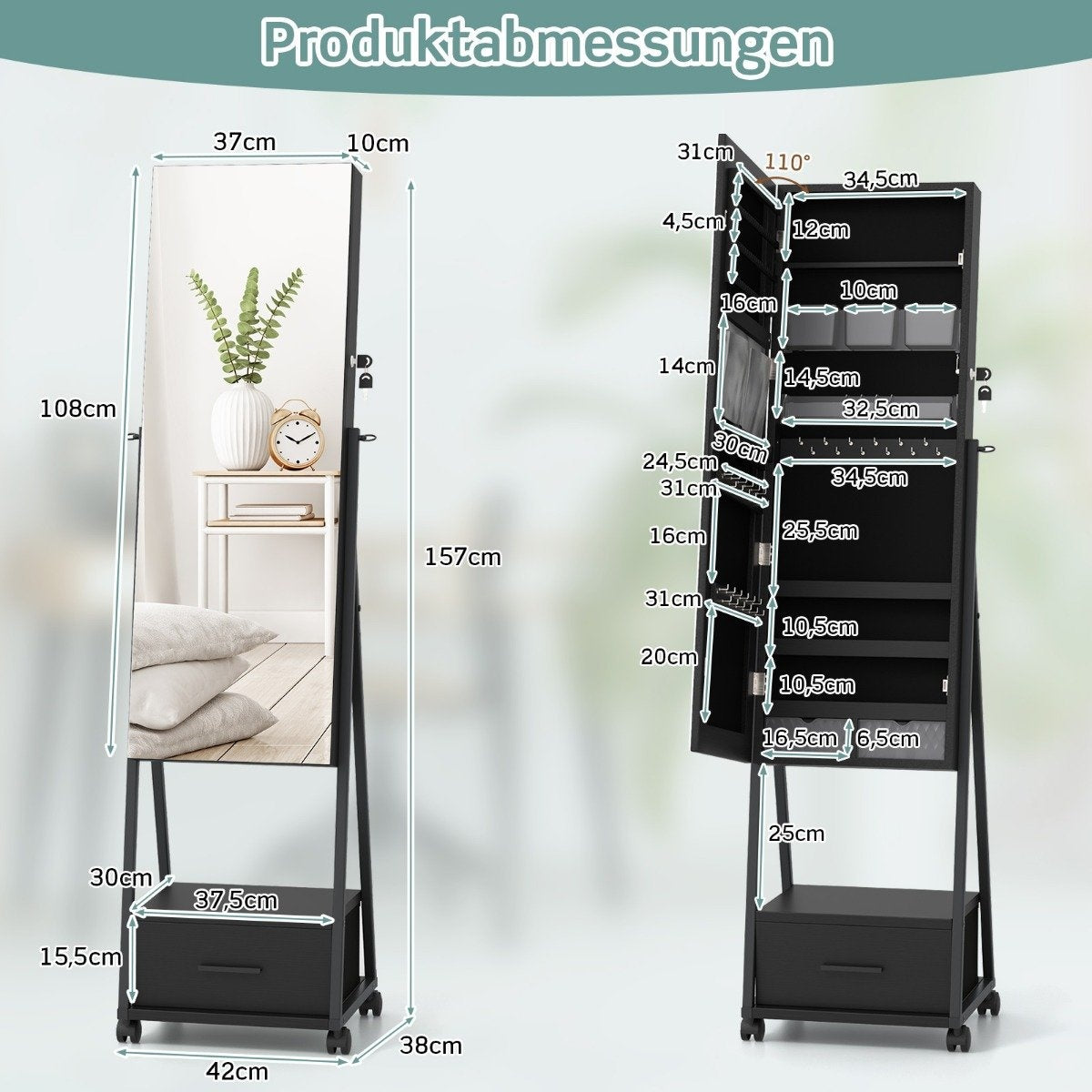 Jewelry cabinet with mirror Jewelry mirror cabinet with drawer 42 x 38 x 157 cm black