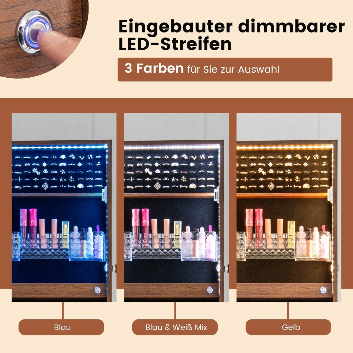 Jewelry cabinet with mirror &amp; 3-color LED lighting mirror cabinet jewelry shelf brown