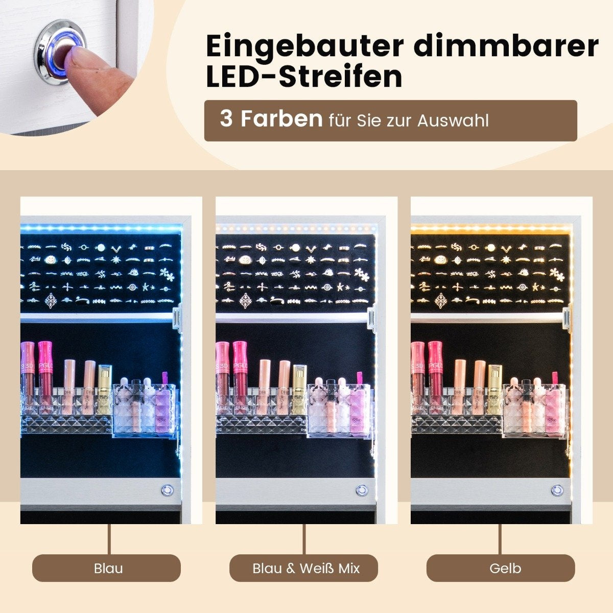 Jewelry cabinet with mirror &amp; 3-color LED lighting mirror cabinet jewelry shelf white