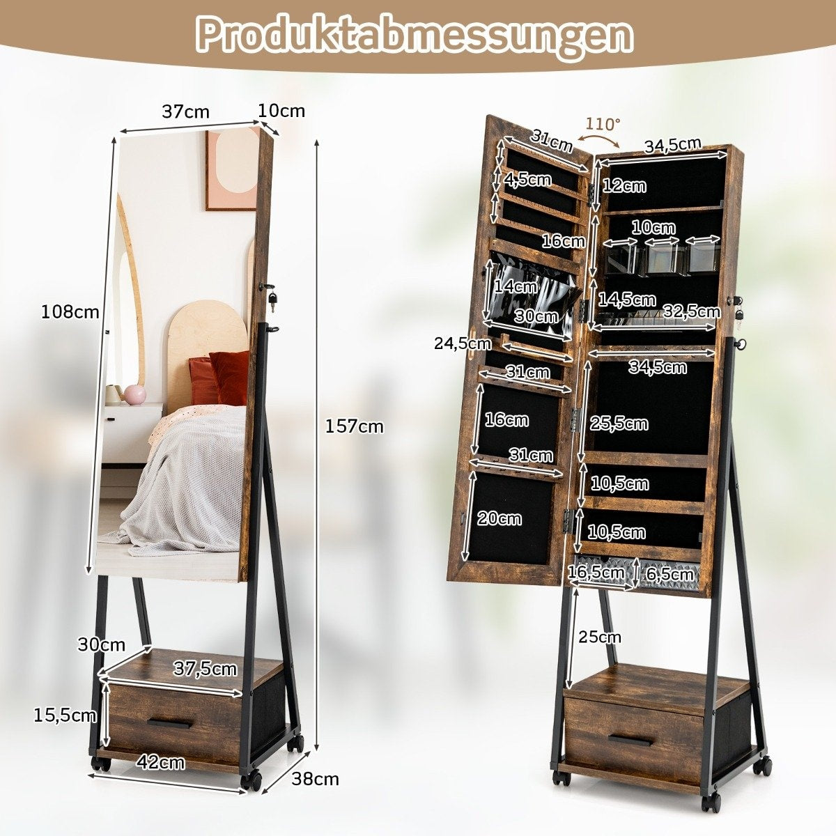 Jewelry cabinet with mirror & drawer Jewelry mirror cabinet on wheels brown