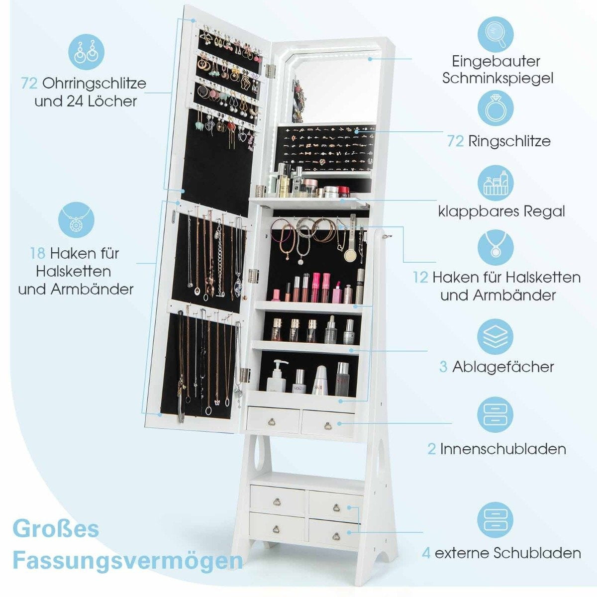 Jewelry cabinet with mirror & lighting Jewelry mirror cabinet with drawers and folding shelf white