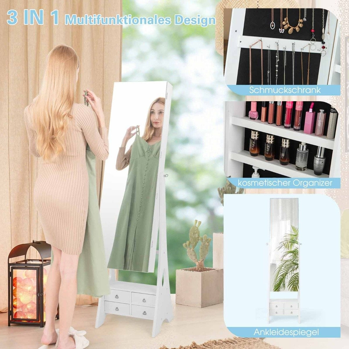 Jewelry cabinet with mirror & lighting Jewelry mirror cabinet with drawers and folding shelf white