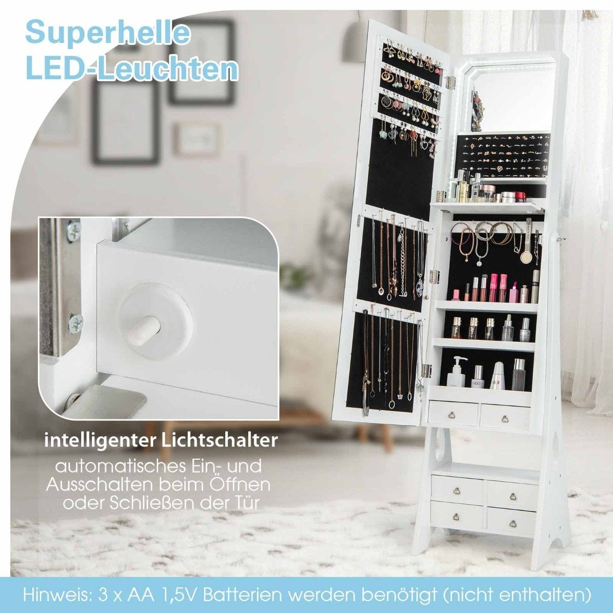 Jewelry cabinet with mirror & lighting Jewelry mirror cabinet with drawers and folding shelf white