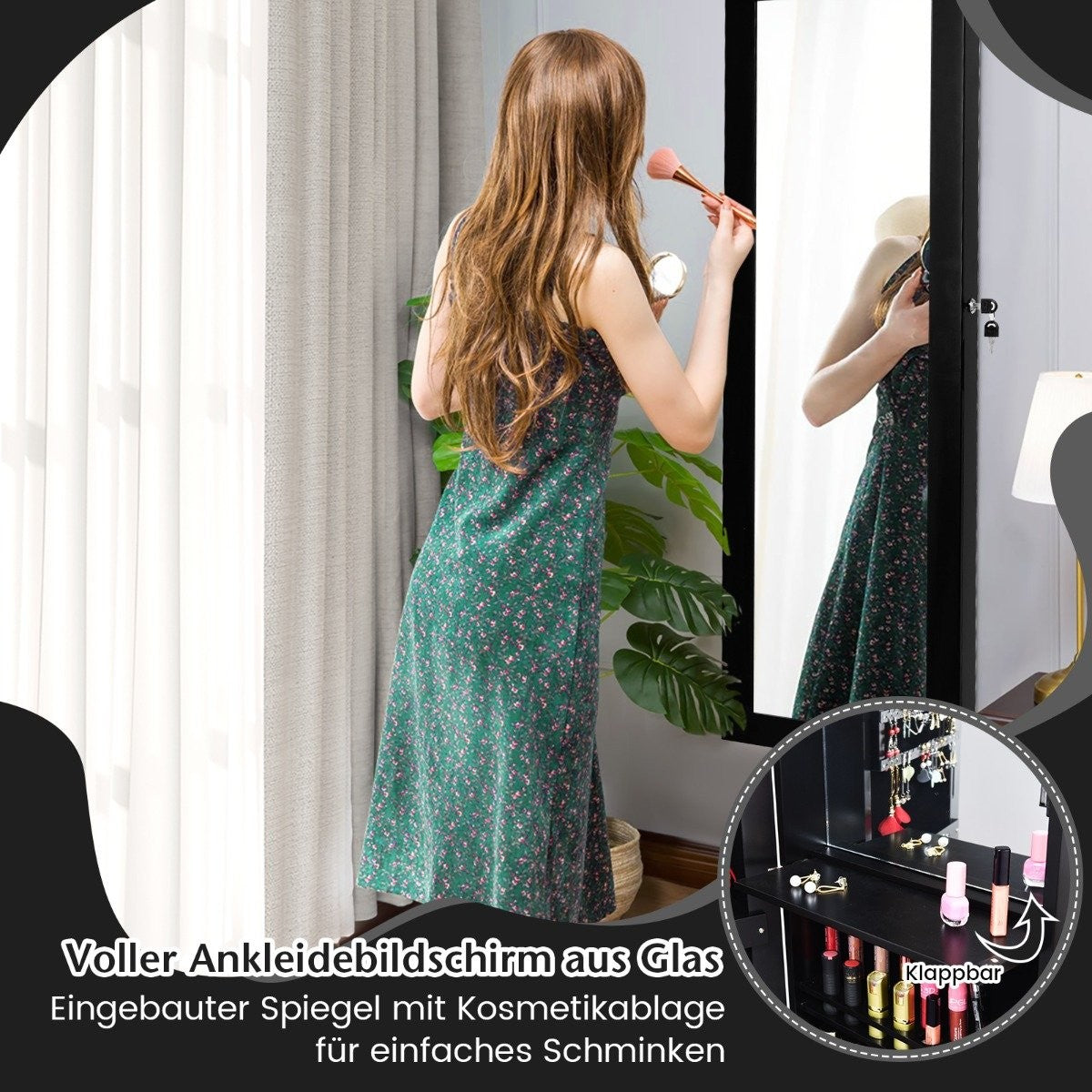 Jewelry cabinet with mirror & lined shelves, hooks & compartments, cosmetic cabinet, black