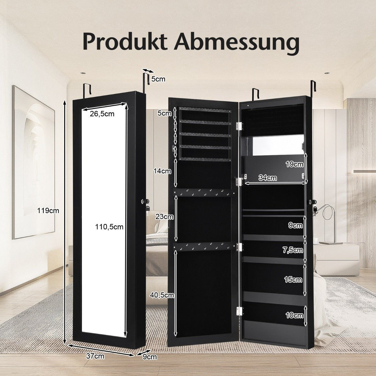 Jewelry cabinet with mirror & lined shelves, hooks & compartments, cosmetic cabinet, black