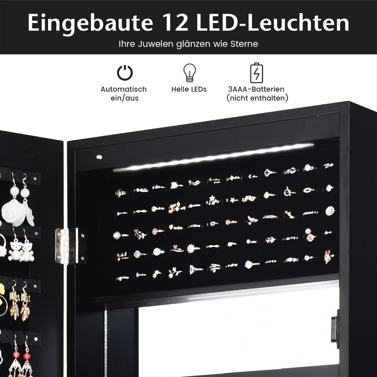 Jewelry cabinet with mirror & lined shelves, hooks & compartments, cosmetic cabinet, black