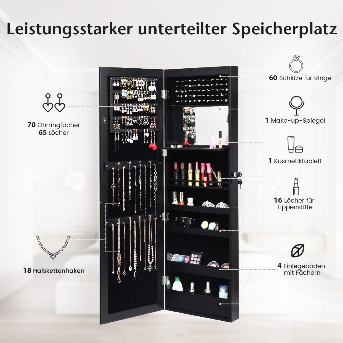 Jewelry cabinet with mirror & lined shelves, hooks & compartments, cosmetic cabinet, black