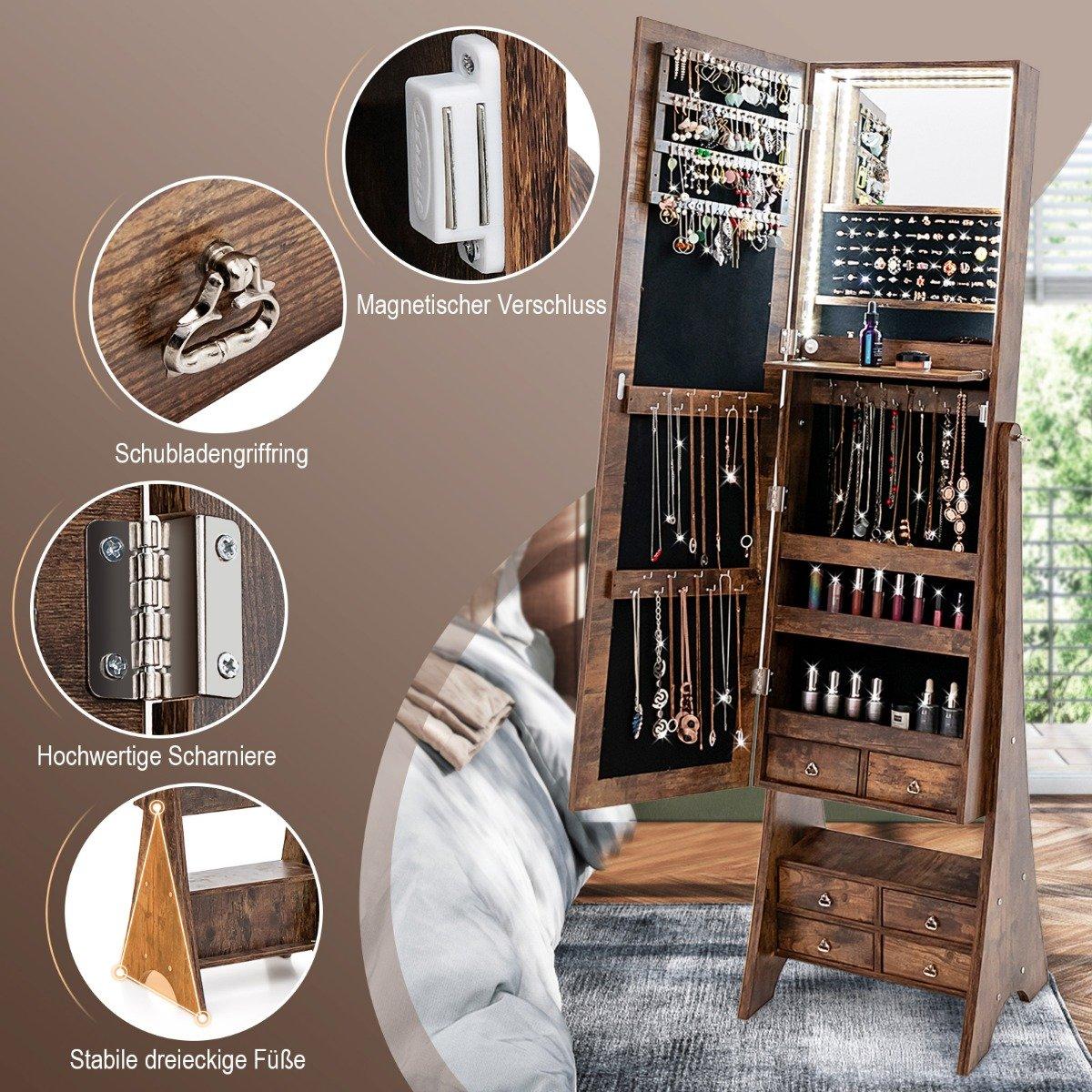 Jewelry cabinet with mirror with lighting Jewelry mirror cabinet with drawers brown