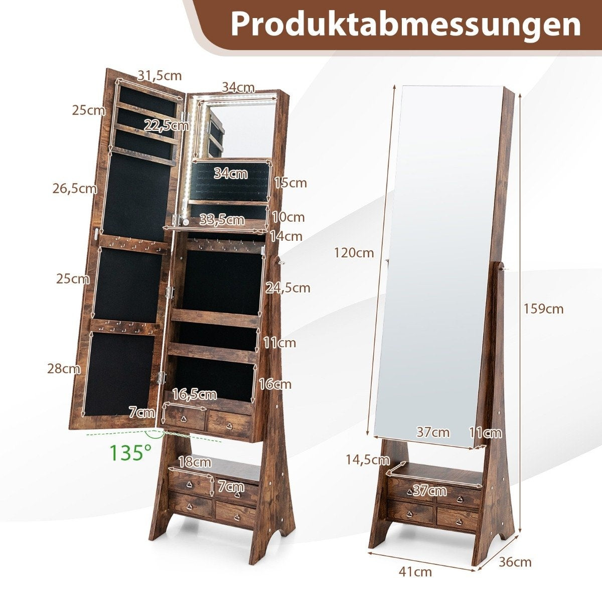 Jewelry cabinet with mirror with lighting Jewelry mirror cabinet with drawers brown