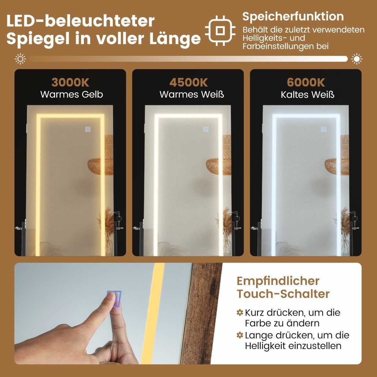 Jewelry cabinet with shelf & full-length mirror & 3 colored LED lights & 2 drawers brown